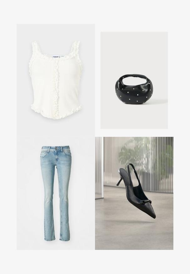 Valge soonikkoega tank top, millel on volangid rihmade, kaeluse, eesmise õmbluse ja ääre ümber, esitatuna helehallil taustal.; Heledad sinine teksapüksid, bootcut disain, viie tasku stiil, kulunud detailid, lukuga ja nupuga sulgemine, peened õmbluse aktsendid, keskmine põletus.; Mustast tekstureeritud nahast slingback kõrge kontsaga king, millel on terav nina ja väike dekoratiivne pandlaga, hõljub üle sileda põranda.; Mustast nahast ümmarguse kujuga käekott, kaunistatud hõbedaste naeladega, lühikese sangaga. Sile tekstuur ja tõmblukuga sulgemine.