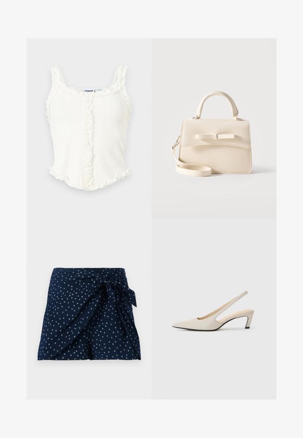 Camiseta sin mangas blanca con canalé y bordes con volantes en las tiras, el escote, la costura frontal y el dobladillo, mostrada sobre un fondo gris claro.; Bermudas azul marino con un diseño envolvente y detalle en la parte delantera con lazo. Presentan un patrón circular blanco disperso. Hechas de una tela ligera.; Tacones slingback beige con punta estrecha, laterales abiertos y un pequeño tacón cuadrado. Textura de cuero suave y diseño minimalista.; Pequeño bolso beige con asa superior, correa desmontable, solapa frontal y lazo decorativo horizontal sobre un fondo liso.