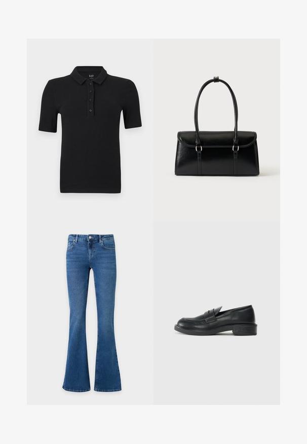 Sort kortærmet ribstrikket poloshirt med fire knapper og en opslået krave, lagt fladt på en hvid baggrund.; Blå denimjeans med udvidede ben, forsideknap og lynlås samt for- og baglommer på ensfarvet baggrund.; Sorte læder loafers med rund tå, stikninger og en lille hæl. Glat tekstur og en fleksibel gummisål.; Sort rektangulær læderhåndtaske med klaplukning og to lange håndtag mod en ensfarvet hvid baggrund.