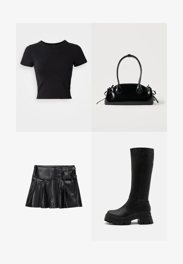 Sort cropped t-shirt lavet af solid bomuld, med korte ærmer og rund halsudskæring, med et glat og enkelt design.; Sort læderskirt med pliser, bred talje og to spænde-accenter på siden. Glat tekstur med en blank finish.; Sorte knælange støvler lavet af syntetisk læder, med en chunky gummisål med dybe riller, glat overflade og minimale syninger.; Lille sort blank håndtaske med to lange håndtag og snøre-detaljer i siden på en ensfarvet lys baggrund.