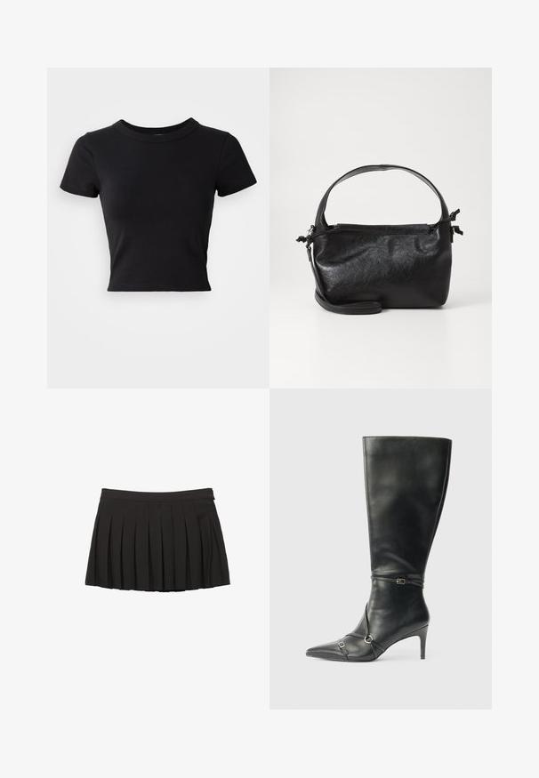 Sort cropped t-shirt lavet af solid bomuld, med korte ærmer og rund halsudskæring, med et glat og enkelt design.; Sort plisseret mininederdel med taljebånd og lynlås i siden, vist på en hvid baggrund.; Sorte knæhøje støvler i læder med en slank hæl, spids tå og remdetaljer ved anklen. Glat tekstur og tætsiddende design.; Sort læderhåndtaske med et struktureret design, rund tophåndtag og aftagelig skulderrem. Den har en glat tekstur og en subtil glans.
