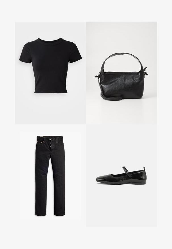Sort cropped t-shirt lavet af solid bomuld, med korte ærmer og rund halsudskæring, med et glat og enkelt design.; Sorte denimjeans med lige pasform, fem lomme-design og knaplukning. Har kobbernitter og syningsdetaljer.; Sorte patentlæder flade sko med spidse tæer, en ankelrem med spænde og en glat, blank tekstur. Lav hæl for komfort.; Sort læderhåndtaske med et struktureret design, rund tophåndtag og aftagelig skulderrem. Den har en glat tekstur og en subtil glans.