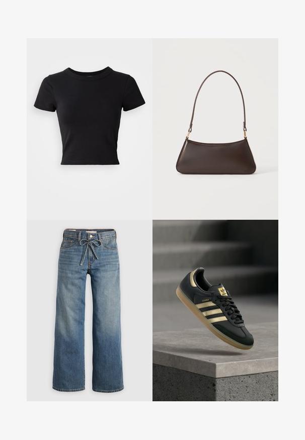 Zwart cropped t-shirt van stevige katoen, met korte mouwen en een ronde halslijn, met een glad en eenvoudig ontwerp.; Lichtblauwe wijdlopende spijkerbroek van denim, met een trekkoord in de taille, twee voorzakken en subtiele vervaging voor textuur.; Zwarte Adidas Samba-sneaker met gouden strepen en een rubberen zool die boven een betonnen oppervlak zweeft met vage trappen op de achtergrond.; Donkerbruine leren handtas met een gebogen bovenrits en een dunne schouderriem met gouden sluitingen op een effen achtergrond.
