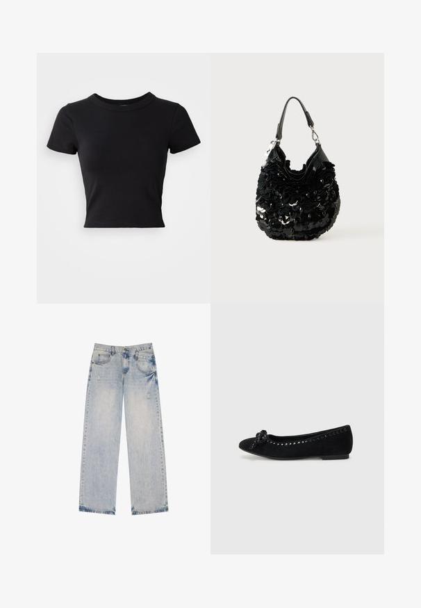 Zwart cropped t-shirt van stevige katoen, met korte mouwen en een ronde halslijn, met een glad en eenvoudig ontwerp.; Lichtblauwe spijkerbroek met een recht model, voorzien van versleten accenten, vijf zakken en zichtbare stikseldetails.; Zwarte suède ballerina's met een ronde neus, een decoratieve strik en een rij glanzende versieringen langs de bovenkant. Platte hak.; Zwarte handtas gemaakt van paillettenmateriaal, met een ronde vorm, een gladde zwarte leren schouderband en glanzende accenten voor detail.