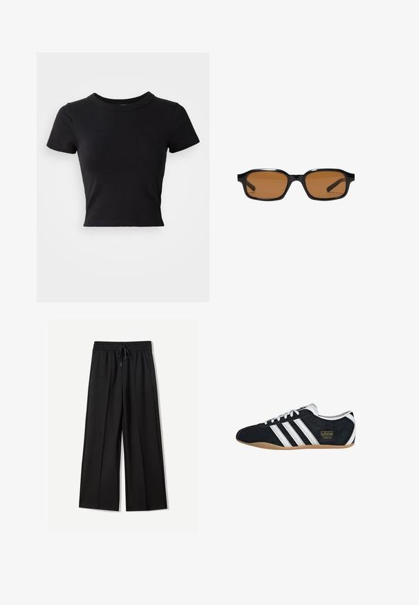 Zwart cropped t-shirt van stevige katoen, met korte mouwen en een ronde halslijn, met een glad en eenvoudig ontwerp.; Zwarte wijde broek van zachte stof. Voorzien van een elastische tailleband met een trekkoord en twee zijzakken. Platte voorkant met plooien.; Zwarte suède sneaker met witte drie strepen, gouden logo en een bruine rubberen zool. Heeft een laag profiel vetersluiting ontwerp.; Zwarte rechthoekige zonnebril met dikke monturen en bruin getinte glazen, getoond van voren op een witte achtergrond.
