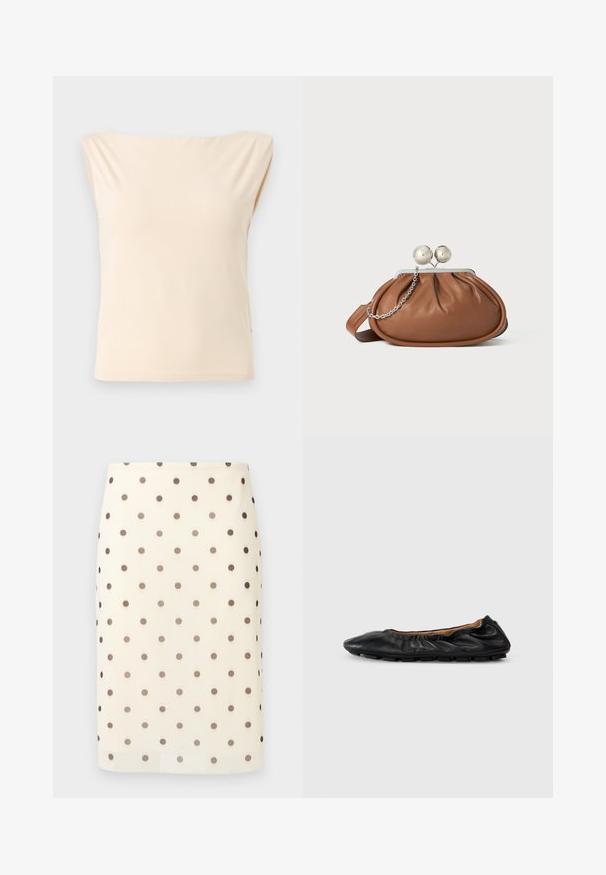 Blouse sans manches beige avec larges épaules et encolure bateau, présentée sur un fond gris clair uni.; Jupe crayon couleur crème avec des pois noirs espacés uniformément et une coupe droite longueur genou.; Ballerines en cuir noir avec des détails froncés au col, bout rond et semelle en caoutchouc flexible. Texture lisse dans l'ensemble.; Pochette en cuir marron avec un fermoir à boule en argent et un petit détail en chaîne argentée sur fond blanc.