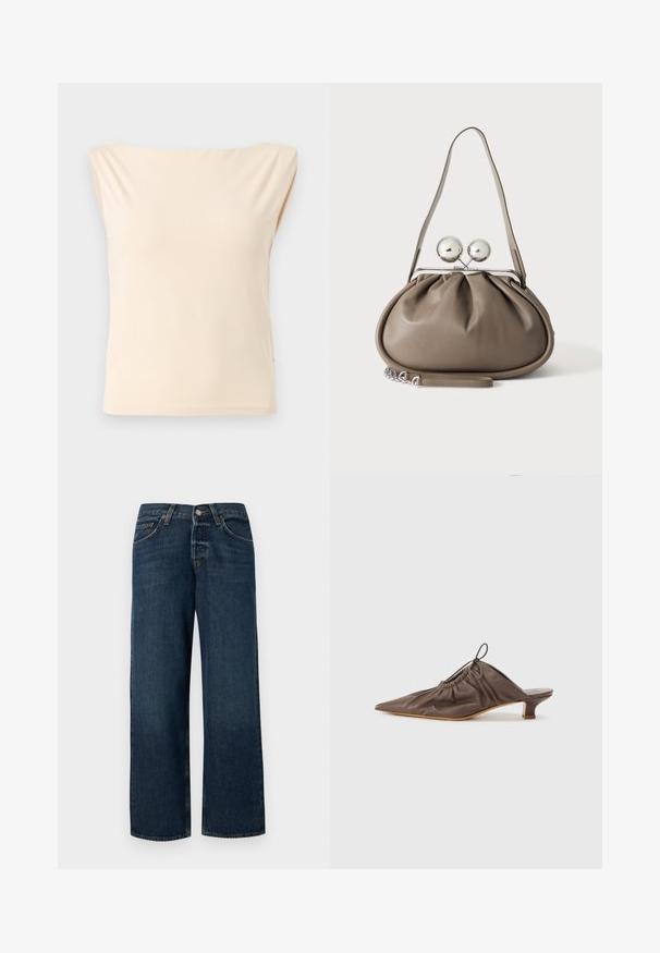 Beige mouwloze blouse met brede schouders en een bootnek, afgebeeld op een effen lichtgrijze achtergrond.; Donkerblauwe denim jeans met een rechte snit, vijf zakken en metalen hardware. Heeft een lichte vervaging en een schone zoom.; Bruine leren muil met een puntige neus, geraffineerde textuur, kleine hak en een trekkoordaccent bij de opening. Vlotte afwerking.; Grijze leren handtas met afgeronde vorm, bovenste sluiting met twee grote zilveren bollen en een enkele schouderriem.