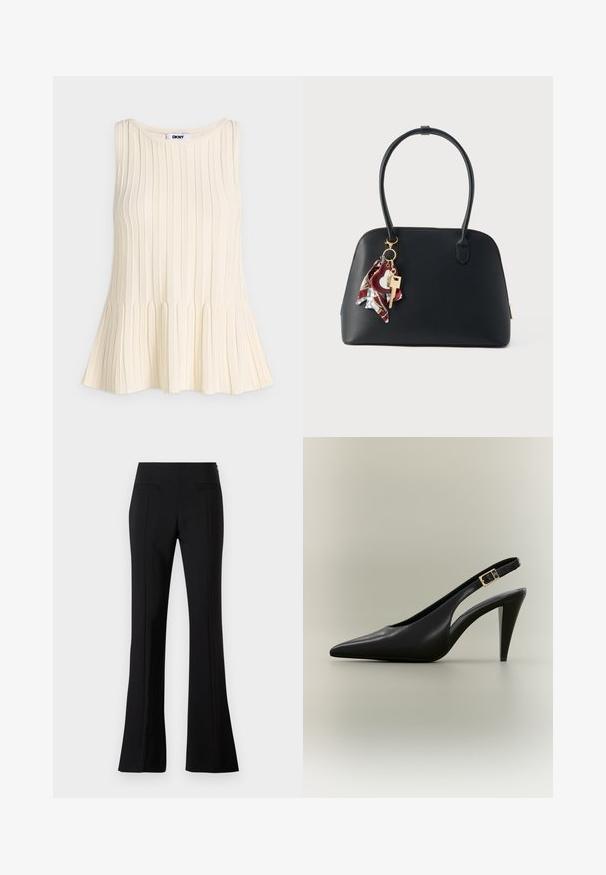 Top de punto sin mangas en color crema con canalé vertical y dobladillo ligeramente acampanado, con escote redondo y etiqueta DKNY en el interior.; Pantalones acampanados negros hechos de una tela suave con una cintura alta, que cuentan con dos bolsillos traseros y una línea en el frente de cada pierna.; Zapato de tacón alto tipo slingback de cuero negro con punta puntiaguda, hebilla dorada y tacón afilado sobre un fondo neutro.; Bolso de cuero negro con forma redondeada, que cuenta con un llavero de herrajes dorados y un detalle de pañuelo multicolor. Textura suave, cierre con cremallera.