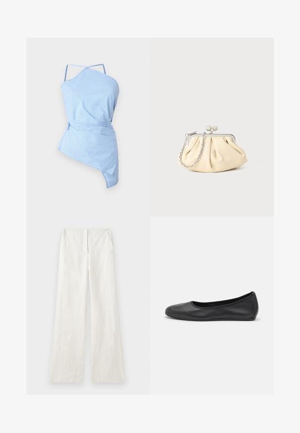 Blau-weiß gestreiftes Oberteil mit asymmetrischem Schnitt, dünnen Trägern und einem Kordelzugbund für eine verstellbare Passform. Leichter Stoff mit glatter Textur.; Weite Leinenhose in Off-White, mit glatter Textur, vorderen Falten und Seitentaschen. Einfaches, schmuckloses Design.; Schwarze Leder-Ballettschuhe mit abgerundeter Spitze, glatter Textur, minimalen Nähdetails und einem flexiblen Sohlen-Design.; Faltige beigefarbene Ledertasche mit einem silbernen Metallrahmen, ausgestattet mit zwei runden dekorativen Verschlüssen und einem silbernen Kettenriemen.