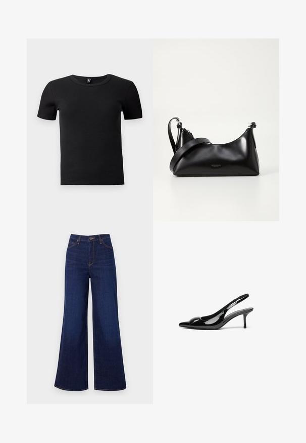 Camiseta negra de manga corta hecha de tela acanalada. Presenta un cuello redondo clásico y una silueta ajustada. Sin acentos adicionales.; Jeans de pierna ancha de un azul oscuro, hechos de denim, con una cintura alta, diseño de cinco bolsillos y costuras naranjas contrastantes a lo largo de las costuras.; Tacones slingback de charol negro con punta afilada y acabado brillante. Presentan un tacón delgado y un acento redondeado en el empeine.; Bolso de mano de cuero negro con una textura suave. Cuenta con una correa ajustable y un diseño elegante y minimalista con cierre de cremallera.