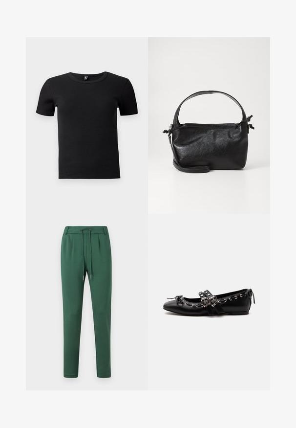 T-shirt noir à manches courtes en tissu côtelé. Doté d'un col rond classique et d'une silhouette ajustée. Sans accents supplémentaires.; Pantalons de survêtement verts en tissu doux, avec une taille élastique et un cordon de serrage, des jambes fuselées et des détails de plis sur les côtés.; Chaussure de ballet plate noire avec doubles brides à boucle, œillets argentés et petit nœud près de l’orteil arrondi sur fond blanc.; Sac à main en cuir noir au design structuré, avec une poignée arrondie et une bandoulière amovible. Présente une texture lisse et un éclat subtil.