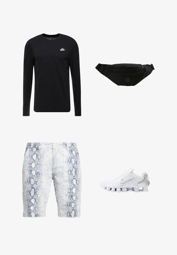 Schwarzes Langarm-T-Shirt aus Baumwolle, mit Rundhalsausschnitt, gerippten Bündchen und kleinem weißen Nike-Logo auf der Brust.; Weiße und blaue Schlangenprints-Shorts mit glatter Textur, Knopfverschluss und schlanker Passform. Das Muster zeigt verlängerte, ovale Formen.; Weiße Sportschuhe mit einer strukturierten Oberseite, einem silbernen Swoosh-Logo, Mesh-Einsätzen und einer markanten, segmentierten weißen Sohle.; Schwarze Stoff-Gürteltasche mit glatter Textur, verstellbarem Trageriemen, zwei Reißverschlusstaschen und einem rechteckigen Logopatch auf der Vorderseite.