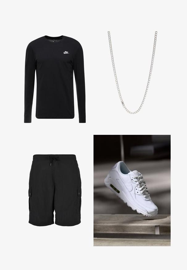 Sort langærmet T-shirt lavet af bomuld, med rund hals, ribbede manchetter og et lille hvidt Nike-logo på brystet.; Sorte cargoshorts med elastisk talje, justerbar snøre og knaplukning på sidelommerne.; Hvide lædersneakers med teksturerede overflader, polstret krave og synlig luftpolstring i sålen. Har snørrebånd og et minimalistisk design.; Sølv kædedesign med sammenkoblede led, glat tekstur og ensartet rektangulær form. Sikker lukning.