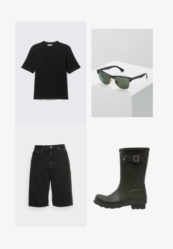 T-shirt noir à manches courtes avec col rond, portant une étiquette "WEEKDAY" à l'intérieur du col, présenté à plat sur un fond clair.; Short en jean noir taille haute avec bouton à l'avant, fermeture éclair, passants de ceinture et cinq poches, sur un fond clair uni.; Botte de pluie en caoutchouc noir avec un bout arrondi, une sangle boucle au-dessus et une semelle texturée pour une meilleure adhérence.; Lunettes de soleil Ray-Ban avec des verres verts, monture en plastique noir et accents dorés sur les bords. Forme carrée avec une finition mate.