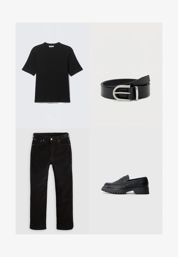 Sort kortærmet T-shirt med rund hals og "WEEKDAY" mærke på indersiden af kraven, vist fladt på en lys baggrund.; Sorte corduroy lige bukser med frontknap, lynlås, bæltestropper og fem-lomme design på en ensfarvet lys baggrund.; Sorte læder loafers med en rund tå, prydet med en dekorativ rem og en kraftig gummisål med dybe riller for grip.; Sort læderbælte med en glat overflade, der har en sølvmetalklausul og en klassisk rektangulær form.