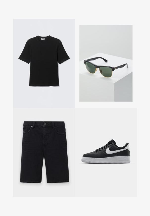 T-shirt noir à manches courtes avec col rond, portant une étiquette "WEEKDAY" à l'intérieur du col, présenté à plat sur un fond clair.; Shorts en denim noir avec une coupe droite, cinq poches, éléments en métal et coutures visibles. Texture douce et design simple.; Baskets en cuir noir avec surface texturée, swoosh Nike blanc, semelle grise, bout rond et design à lacets. Comprend des perforations sur la boîte à orteils.; Lunettes de soleil Ray-Ban avec des verres verts, monture en plastique noir et accents dorés sur les bords. Forme carrée avec une finition mate.