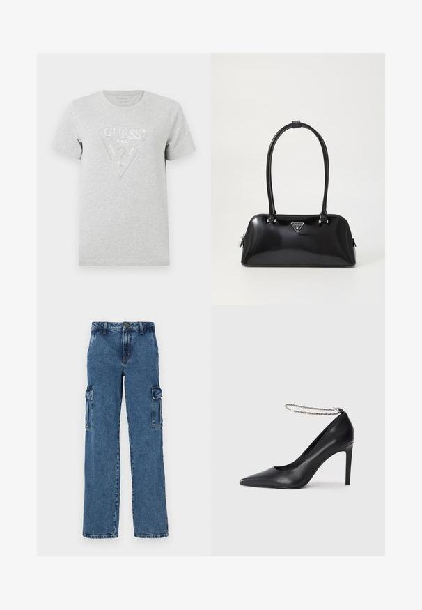 Graues Baumwoll-T-Shirt mit einem dreieckigen Muster und Strass-Akzenten, das in der Mitte den Text "GUESS U.S.A." zeigt. Kurze Ärmel.; Blaue Denim-Cargohosen mit lockerer Passform, ausgestattet mit zwei Seitentaschen, verstärkten Nähten und einem geraden Bein-Design.; Schwarze Leder-Pumps mit hohen Absätzen und spitz zulaufender Zehenpartie, ausgestattet mit einem dünnen silbernen Kettenknöchelriemen und einer eleganten, glatten Textur.; Schwarz glänzende Handtasche mit geschwungener Silhouette, zwei Griffen und einem Logo-Plakette auf der Vorderseite. Reißverschlussverschluss und glänzende Hardwareakzente.