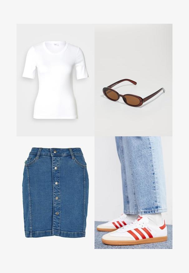 Camiseta blanca de manga corta hecha de algodón liso, con escote redondo y forma ajustada. Diseño clásico, sin estampados ni adornos.; Falda de mezclilla con cierre de botones en el frente, diseño ajustado, color azul claro y detalles de costura sutiles.; Zapatillas de cuero blancas con rayas y detalles rojos. Cuentan con una suela de goma texturizada y un collar acolchado. Llevadas con denim azul claro.; Gafas de sol redondas con tinte marrón y un marco burdeos brillante. Patillas delgadas con un sutil detalle de marca. Diseño de lentes planos.