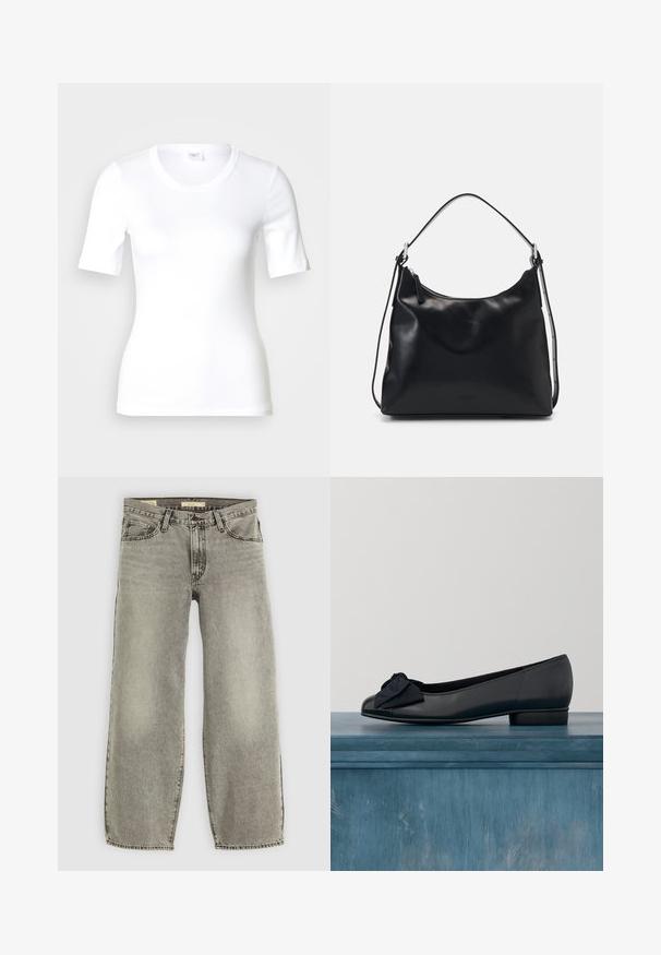 T-shirt blanc à manches courtes en coton lisse, doté d'un col rond et d'une coupe ajustée. Design classique, sans motifs ni accents.; Jean large en denim gris clair. Il présente un style traditionnel à cinq poches et un léger délavage sur l'ensemble du tissu.; Ballerines en cuir noir avec un bout arrondi, dotées d'un cap en cuir verni et d'un accent de nœud en tissu à l'avant. Talon bas et robuste.; Une jeune femme aux longs cheveux noirs est assise sur un bloc en bois, vêtue d'une tenue crème, tenant un sac à bandoulière en cuir noir croisé sur la poitrine.