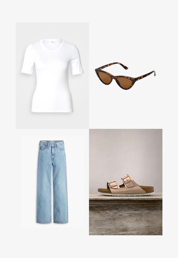 Camiseta blanca de manga corta hecha de algodón liso, con escote redondo y forma ajustada. Diseño clásico, sin estampados ni adornos.; Jeans de pierna ancha de talle alto, de un azul claro, con botón y cremallera en el frente, lazos para cinturón y estilo de cinco bolsillos.; Sandalias deslizantes en oro rosa con dos hebillas metálicas ajustables, plantilla de corcho y suela de goma blanca. Acabado metálico suave, diseño de punta abierta.; Gafas de sol estilo ojo de gato con montura de carey negra y naranja, lentes marrones y puntas elegantes y afiladas. Presenta un logo minimalista en la patilla.