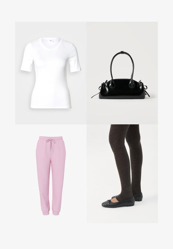 Camiseta blanca de manga corta hecha de algodón liso, con escote redondo y forma ajustada. Diseño clásico, sin estampados ni adornos.; Pantalones de chándal tipo jogger rosa claro con cinturilla elástica, cordón ajustable, bolsillos laterales y puños elásticos, mostrados sobre un fondo blanco.; Piernas con leggings oscuros acanalados combinados con bailarinas negras que presentan pequeños detalles de lazo sobre un fondo blanco.; Pequeño bolso negro brillante con dos asas largas y detalles de cordón lateral sobre un fondo claro liso.