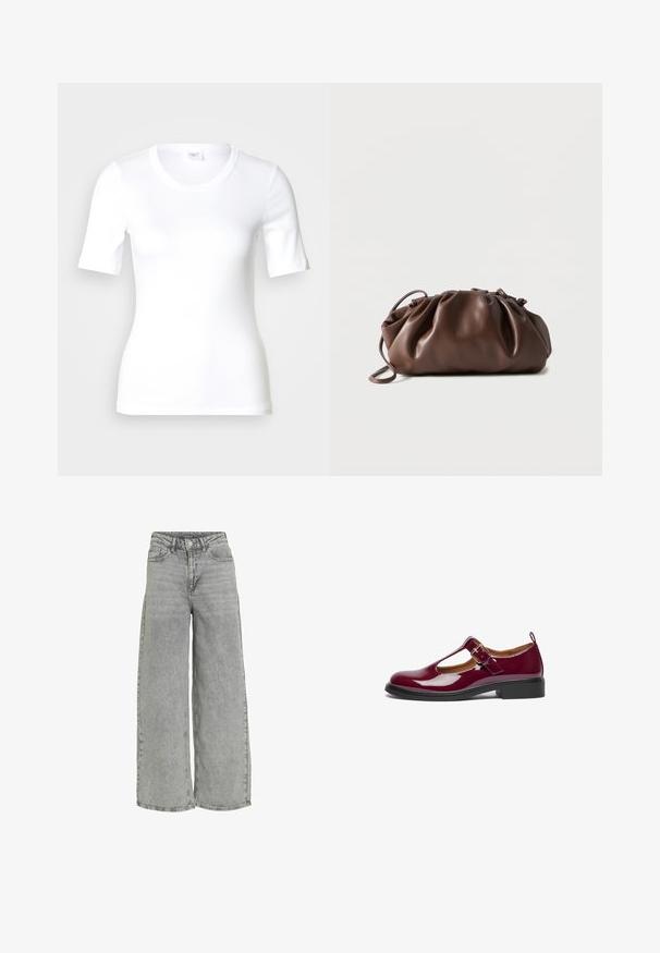 T-shirt blanc à manches courtes en coton lisse, doté d'un col rond et d'une coupe ajustée. Design classique, sans motifs ni accents.; Jeans large en denim gris clair avec une taille haute, deux poches avant et une texture subtilement décolorée. Fermeture classique par bouton et zip.; Chaussure Mary Jane en cuir verni bourgogne avec un bout arrondi, une bride T, une boucle ajustable et un petit talon carré. Texture lisse et design simple.; Sacoche en cuir marron doux avec un haut froncé et une fine bandoulière, posée sur un fond blanc.