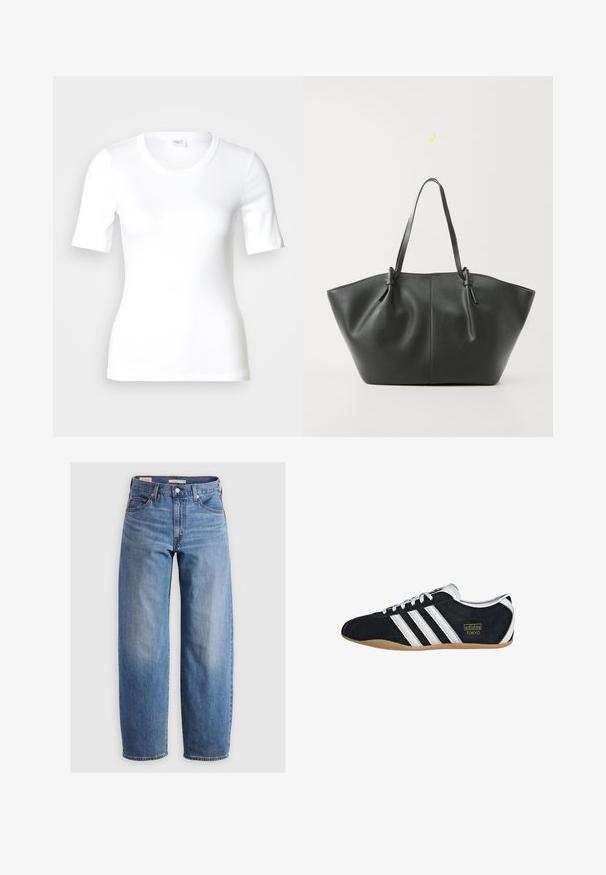 Weißes T-Shirt mit kurzen Ärmeln aus glattem Baumwollstoff, mit rundem Ausschnitt und figurbetonter Form. Klassisches Design, ohne Muster oder Akzente.; Helleblaue, gerade geschnittene Jeans aus Denim. Merkmale ein klassisches Fünf-Taschen-Design und dezente Ausbleichungen entlang der Beine.; Schwarze Wildledersneaker mit drei weißen Streifen, goldenem Logo und brauner Gummisohle. Merkmale ein niedrigprofiliertes Schnürdesign.; Vero Moda VMDITTA - Shopping Bag - black