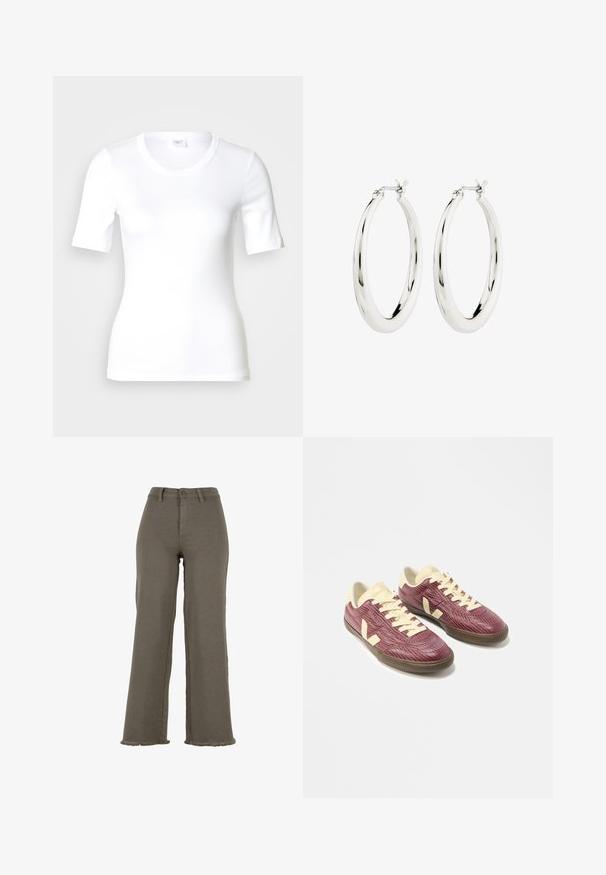 Wit T-shirt met korte mouwen van glad katoen, met een ronde halslijn en een aangesloten pasvorm. Klassiek ontwerp, zonder patronen of accenten.; Wijde broek met hoge taille in olijfgroen, met knoop- en ritssluiting, riemlussen en gefraaide zoom.; Een paar lage sneakers met gestructureerde bordeauxrode bovenkanten, crèmekleurige veters, tongen en hielaccenten, en bruine rubberen zolen op een witte achtergrond.; Zilveren oorbellen in de vorm van een gladde, glanzende ring. Circulaire vorm, voorzien van een veilige sluiting. Eenvoudig en elegant ontwerp.