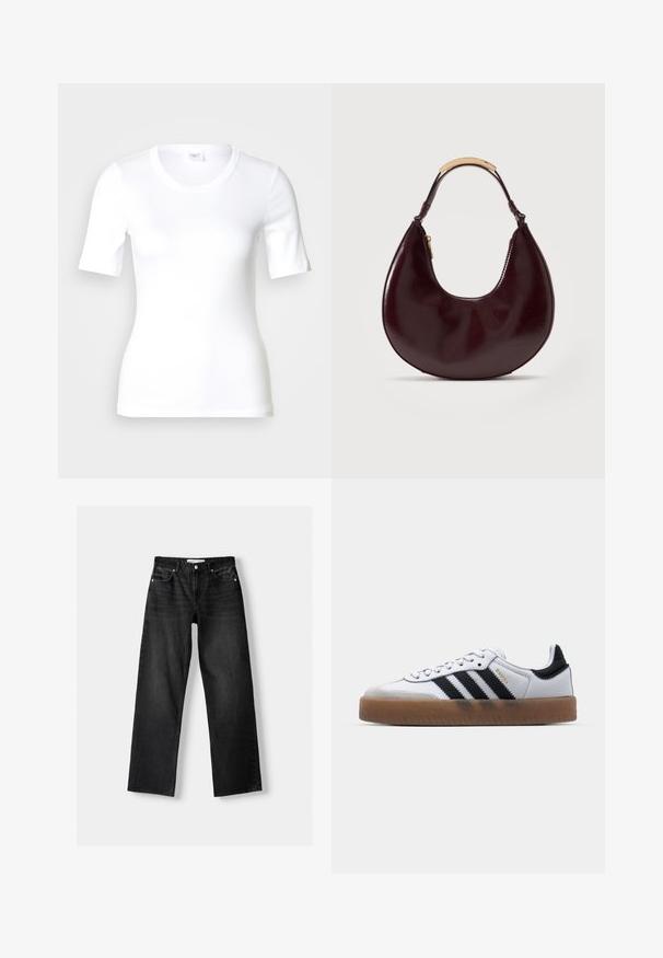 Weißes T-Shirt mit kurzen Ärmeln aus glattem Baumwollstoff, mit rundem Ausschnitt und figurbetonter Form. Klassisches Design, ohne Muster oder Akzente.; Bershka Jeans Straight Leg - mottled dark grey; Weiße Leder Sneakers mit schwarzen Streifen, Gummigummi-Außensohle, runder Zehenform, Schnürverschluss und weichem grauem Wildleder-Zehenkappe.; Dunkelbraune, halbmondförmige Ledertasche mit kurzem Griff, der eine goldfarbene Metallbacke und einen Seitenreißverschluss aufweist.