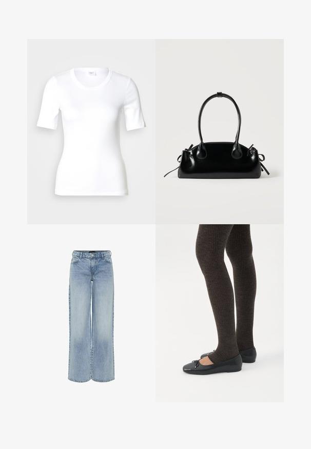 Camiseta blanca de manga corta hecha de algodón liso, con escote redondo y forma ajustada. Diseño clásico, sin estampados ni adornos.; Jeans de mezclilla de pierna ancha en azul claro con una cintura alta, cinco bolsillos y un ligero desvanecimiento. Incluye pasadores para cinturón y cierre con cremallera.; Piernas con leggings oscuros acanalados combinados con bailarinas negras que presentan pequeños detalles de lazo sobre un fondo blanco.; Pequeño bolso negro brillante con dos asas largas y detalles de cordón lateral sobre un fondo claro liso.