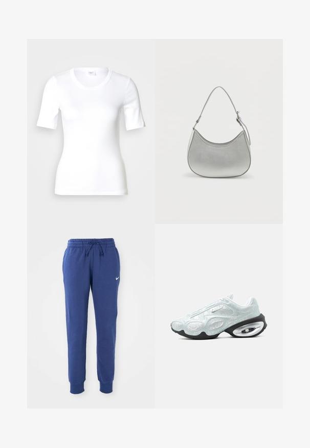 Hvid T-shirt med korte ærmer lavet af glat bomuld, med rund halsudskæring og en tætsiddende pasform. Klassisk design uden mønstre eller detaljer.; Blå Nike sweatpants med elastisk talje, snøre, afsluttende ankler og hvid Nike swoosh-logo på venstre lår.; Hvid og lysegrå Nike-sneaker med tekstureret overdel, sort sål og synlig luftdæmpning i hælen, vist i sideprofil.; Sølv faux læder håndtaske med en buet form, kort justerbar strop og glat overflade, præget af minimal syning.