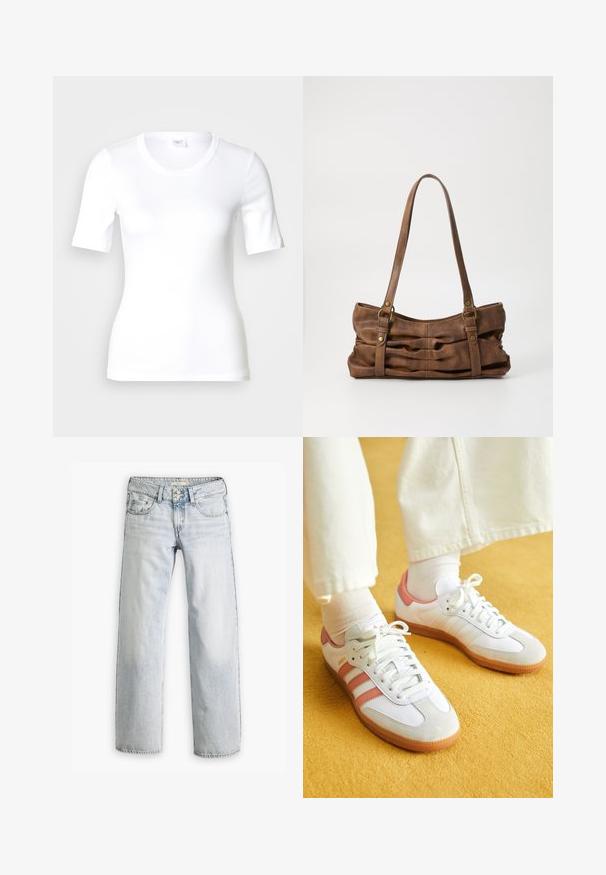 Wit T-shirt met korte mouwen van glad katoen, met een ronde halslijn en een aangesloten pasvorm. Klassiek ontwerp, zonder patronen of accenten.; Lichtblauwe denim jeans met een ontspannen pasvorm, hoge taille en vijf-pocket ontwerp. Bevat stikaccenten en een knopenfly-sluiting.; Witte sportschoenen met roze accenten, gemaakt van suede en leer, met een ronde neus en een rubberen zool, weergegeven met lichtgekleurde sokken op een gele achtergrond.; Even&Odd Handtas - brown