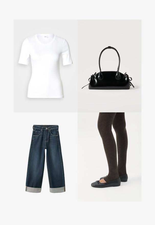 T-shirt blanc à manches courtes en coton lisse, doté d'un col rond et d'une coupe ajustée. Design classique, sans motifs ni accents.; Jean denim large jambe droite bleu foncé avec ourlets retroussés, poches avant, fermeture par bouton et passants pour ceinture.; Jambes portant des leggings côtelés foncés associés à des ballerines noires avec de petits détails en nœud sur fond blanc.; Petit sac à main noir brillant avec deux longues anses et des détails à cordon sur les côtés sur un fond clair uni.