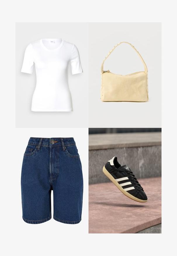 Wit T-shirt met korte mouwen van glad katoen, met een ronde halslijn en een aangesloten pasvorm. Klassiek ontwerp, zonder patronen of accenten.; Denim shorts in een donkerblauwe kleur, met een hoge taille, een vijf-pocket ontwerp en contrasterende oranje stiksels. De stof lijkt textuur te hebben.; Zwarte Adidas sneaker met witte strepen en beige zool, vastgelegd in de lucht boven een stenen oppervlak en een stenen muur op de achtergrond.; Kleine beige leren handtas met een enkele band en zilveren studs langs de randen en band, tegen een effen achtergrond.