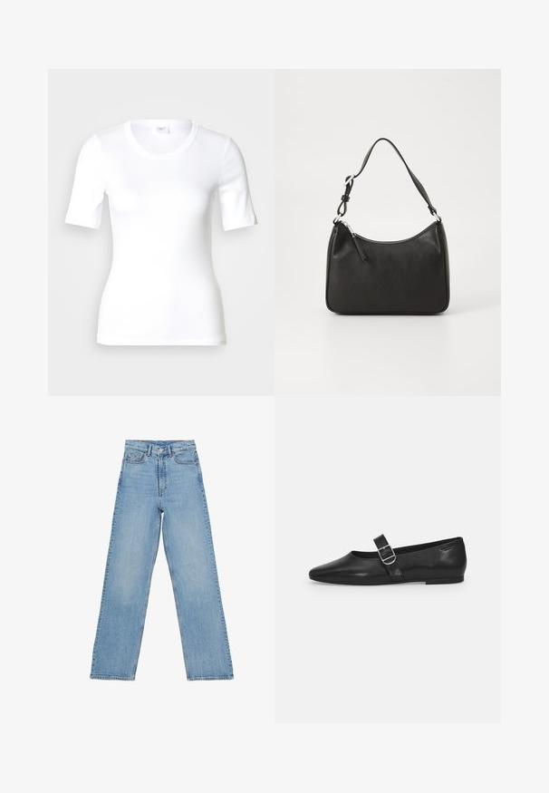 Wit T-shirt met korte mouwen van glad katoen, met een ronde halslijn en een aangesloten pasvorm. Klassiek ontwerp, zonder patronen of accenten.; Lichtblauwe denim jeans met een hoge taille, rechte pijpen, voorzien van vijf zakken en een knoopsluiting. Geen zichtbare patronen.; Zwarte leren platte schoen met een ronde neus, een enkele verstelbare gespsluiting en een gladde, glanzende textuur. Minimalistisch ontwerp met een lage hak.; Zwarte leren handtas met een gebogen vorm, een enkele schouderband, ritsluiting en subtiele branding aan de voorkant. Glad textuur, minimalistisch ontwerp.