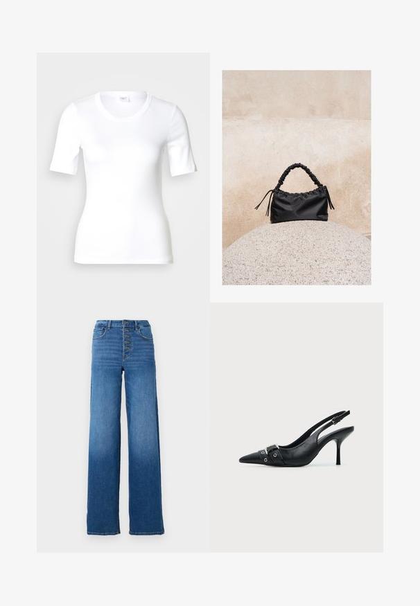 Hvid T-shirt med korte ærmer lavet af glat bomuld, med rund halsudskæring og en tætsiddende pasform. Klassisk design uden mønstre eller detaljer.; Vidde denim jeans i blå med høj talje og fem knaplukninger. Har klassisk syning og en ren kant.; Sort læder højhælet sko med spidst tåparti, slingback og rem med spænde og nitter foran.; Sort håndtaske med rynkede detaljer og et samlet håndtag, hvilende på en tekstureret stensfære mod en beige betonvæg.