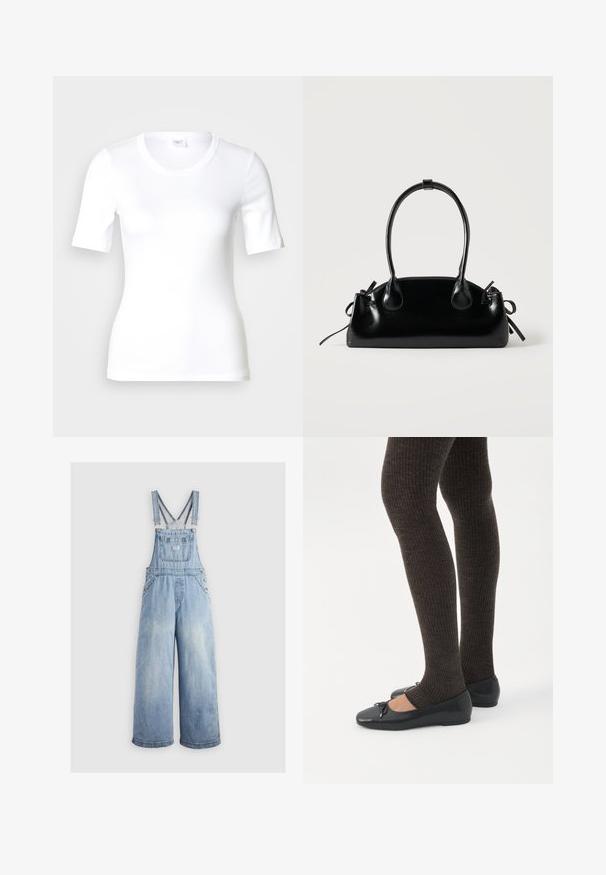 T-shirt blanc à manches courtes en coton lisse, doté d'un col rond et d'une coupe ajustée. Design classique, sans motifs ni accents.; Salopette en denim bleu clair avec des jambes larges, bretelles réglables, poche avant et boutons en métal sur les côtés. Style classique avec une coupe décontractée.; Jambes portant des leggings côtelés foncés associés à des ballerines noires avec de petits détails en nœud sur fond blanc.; Petit sac à main noir brillant avec deux longues anses et des détails à cordon sur les côtés sur un fond clair uni.