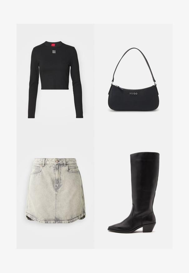 Zwart langemouwen cropped top van gladde stof, met een ronde hals en het witte "HUGO" logo op de borst.; Denim rok in lichtgrijs met een vervaagde textuur, voorzien van een knoopsluiting in de taille, voorzakken en een licht gebogen zoom.; Zwarte leren laars tot half op de kuit met een puntige neus en een lage schuine hak op een effen lichte achtergrond.; Zwarte synthetische handtas met een gebogen vorm, ritssluiting en een korte handgreep. Heeft een zilveren "HUGO" logo aan de voorkant. Soepele textuur.