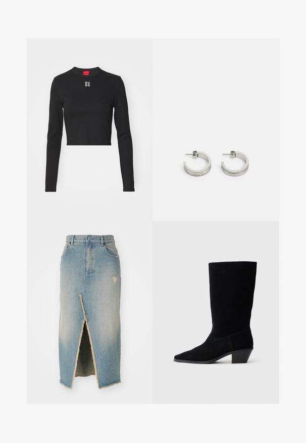 Zwart langemouwen cropped top van gladde stof, met een ronde hals en het witte "HUGO" logo op de borst.; Denim rok, lichtblauw, middellang met rafelige zoom. Heeft een split aan de voorkant en verwerkte details in de buurt van de taille en zoom.; Zwarte suede enkellaars met een spitse neus, een schacht van gemiddelde hoogte en een chunky hak. Heeft minimaal stikwerk en een gladde textuur.; Zilveren oorringen met een gladde oppervlakte en een rij kleine heldere stenen langs de onderrand, met een achterkant met een knop.