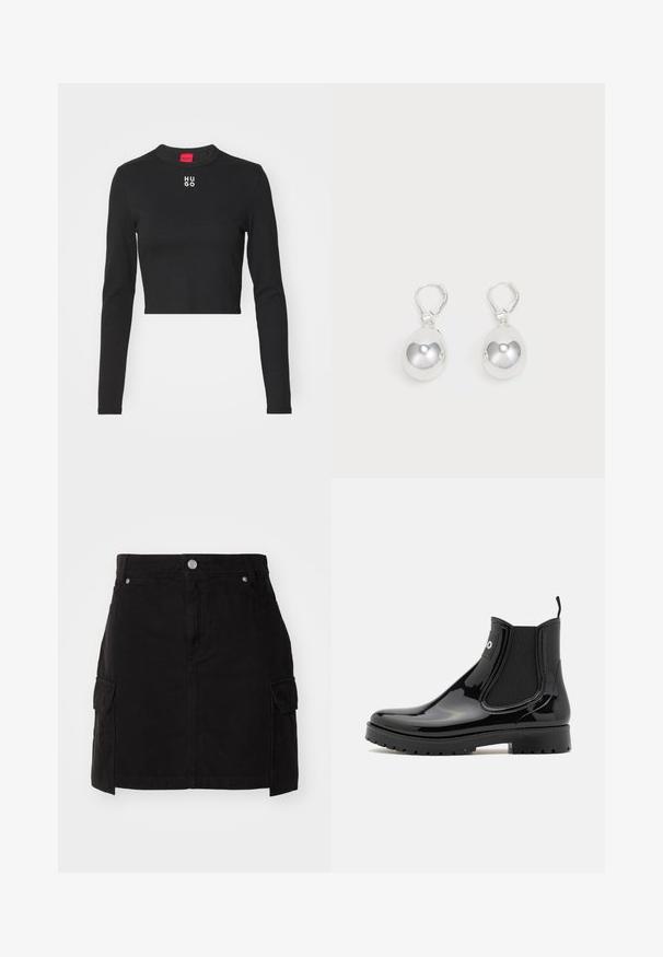 Top court à manches longues noir en tissu lisse, avec un col rond et un logo "HUGO" blanc au centre de la poitrine.; Jupe en denim noir avec une silhouette ajustée, fermeture à boutons sur le devant et deux poches cargo sur les côtés. Conçue avec des détails cousus.; HUGO TABITA - Bottes en caoutchouc - black; Boucles d'oreilles en argent en forme de goutte avec des surfaces lisses, rondes et réfléchissantes, suspendues à des fermoirs à ressort. L'arrière-plan est blanc uni.