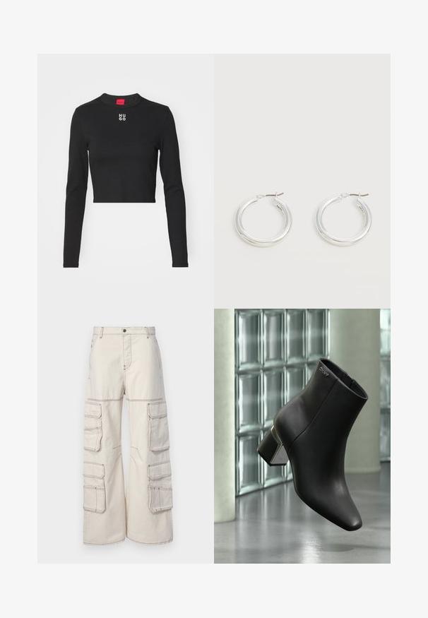 Čierne dlhé rukávy cropped top vyrobený z hladkej tkaniny, s okrúhlym výstrihom a bielym logom "HUGO" na strede hrude.; Béžové cargo nohavice vyrobené z odolnej tkaniny, s viacerými bočnými vreckami a kontrastným prešívaním, s širokým strihom a zapínaním na gombík.; Čierna kožená členková čižma s blokovým podpätkom, logo DKNY blízko hornej časti, zobrazená na pozadí sklenenej blokovej steny a leštenej betónovej podlahy.; Pár stredne veľkých lesklých strieborných kruhových náušníc s tenkými kovovými zapínaniami na svetlom neutrálnom pozadí.