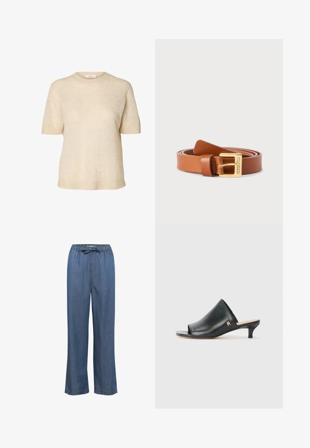 Beige kortærmet striktrøje med rund hals og ribstrikkede manchetter og kant, lavet af blødt struktureret stof.; Bredde denim bukser i en mellemblå tone, med en elastisk talje og justerbar snor samt lige ben for en afslappet pasform.; Sorte læder open-toe mules med en lav hæl. Har en glat overflade og et guld logo-prim på siden.; Brunt læderbælte rullet sammen med gyldent firkantet spænde indgraveret med ordet "CLOSED" på en lysegrå baggrund.