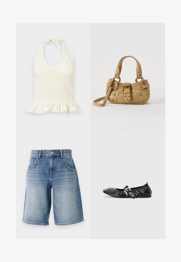 Cremefarbenes Neckholder-Top aus Lochstoff, gerafftem Oberteil und gekräuseltem Saum, am Hals mit einer Schleife gebunden.; Hellblaue Denim-Shorts mit geradem Schnitt, fünf Taschen und bronzefarbenen Beschlägen. Mit fransigem Saum und einer ausgewaschenen Waschung.; Schwarze Leder-Ballerinas mit spitzem Zehenbereich, gerafften Details am Schaft und einem silbernen Schnallenakzent am verstellbaren Riemen.; Beige Lederhandtasche mit doppelten Griffen, Messingschnalle und Nieten, sowie verstellbarem Schultergurt vor weißem Hintergrund.