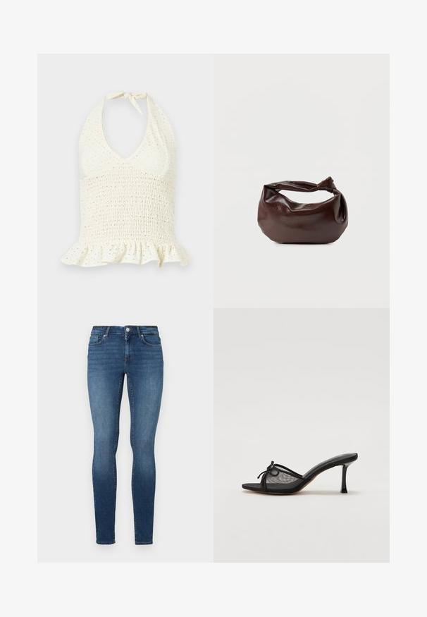 Cremefarbenes Neckholder-Top aus Lochstoff, gerafftem Oberteil und gekräuseltem Saum, am Hals mit einer Schleife gebunden.; Eng geschnittene Jeans aus dunkelblauem Denim, mit fünf Taschen, einem Frontknopf und einem Reißverschluss. Der Stoff hat eine glatte Textur mit leichten Ausbleichungen.; Schwarze Absatzmule mit einem Obermaterial aus Mesh, dünnen Riemen und einem dekorativen Knoten. Sie zeichnet sich durch einen schlanken, spitzen Absatz und eine strukturierte Innensohle aus.; Dunkelbraune Lederschultertasche mit weicher, lockerer Form und einem gedrehten Knotengriff vor schlichtem weißem Hintergrund.
