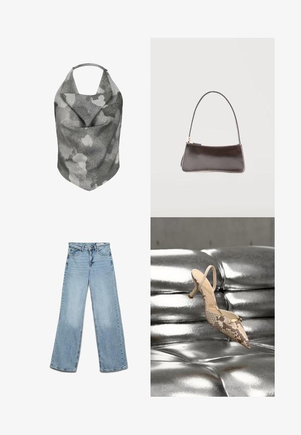 JJXX PENNY - Toppi - quiet shade; Vaaleansiniset korkeat vyötäröiset leveälahkeiset farkut, joissa on nappi- ja vetoketjusuljenta, edessä ja takana taskut sekä vyölenkit.; Beigen käärmekuvioidusta nahasta valmistettu kärkiosa ja slingback-mallinen korkokenkä, jossa on kultainen koriste ja ohut korko, esillä kiiltävällä hopeisella pinnalla.; Pieni suorakaiteen muotoinen tummanruskea nahkalaukku, jossa on yksi hihna ja kullanvärinen vetoketjusuljin.