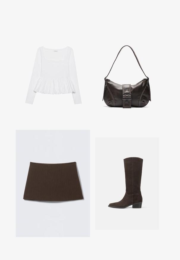 Haut blanc à manches longues avec un décolleté carré, doté d'un ourlet peplum froncé en tissu texturé. Étiquettes visibles au niveau du cou.; Jupe marron à fines rayures, coupe ajustée, texture lisse et ourlet évasé, idéale pour un look sur mesure.; Bottine en daim marron foncé, montante jusqu'au genou, avec un bout carré, une texture lisse et un petit talon empilé, affichant un design minimaliste et des lignes épurées.; Sac à épaule en cuir marron avec une forme courbée, présentant un détail de boucle proéminent, des coutures contrastantes et une seule bandoulière.