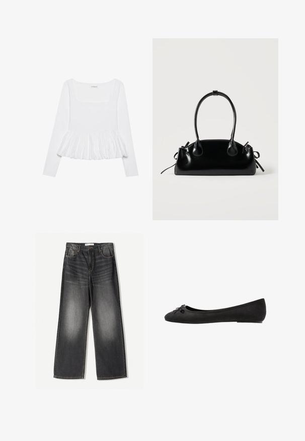 Haut blanc à manches longues avec un décolleté carré, doté d'un ourlet peplum froncé en tissu texturé. Étiquettes visibles au niveau du cou.; Jean large gris foncé en denim, comprenant cinq poches, une fermeture éclair à l'avant et des coutures contrastantes le long des coutures.; Ballerines en daim noir avec un bout arrondi, ornées d'un nœud décoratif à l'avant et d'une semelle plate. Texture lisse et forme classique.; Petit sac à main noir brillant avec deux longues anses et des détails à cordon sur les côtés sur un fond clair uni.