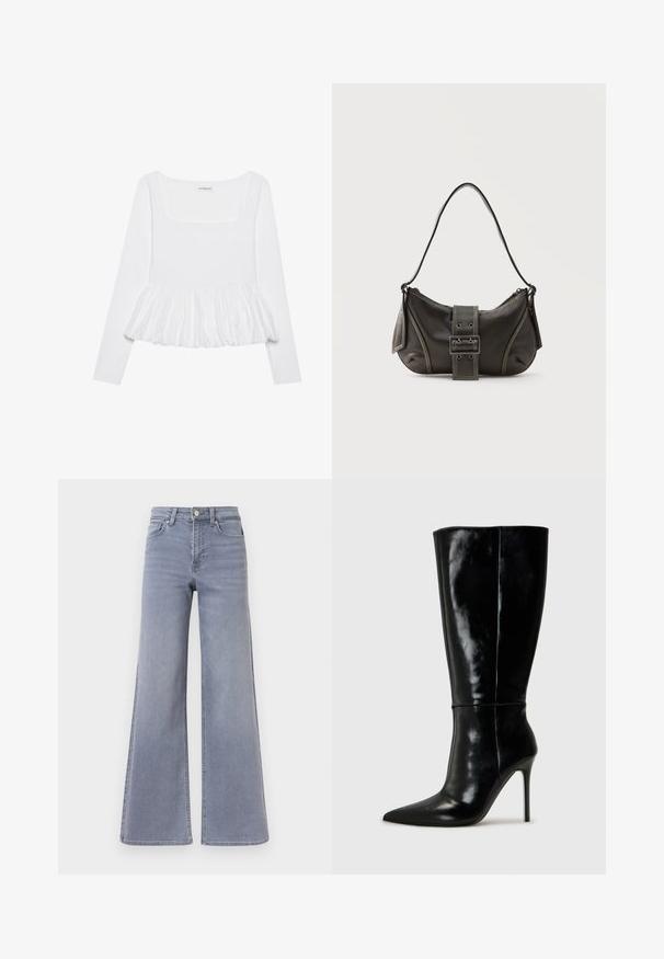 Witte lange mouw top met een vierkante halslijn, voorzien van een geplooide peplumrand van een gestructureerde stof. Labels zichtbaar bij de hals.; Lichtblauwe denim jeans met een wijde pijp en hoge taille, voorzien van een knoop- en ritssluiting aan de voorkant, met voor- en achterzakken, getoond tegen een witte achtergrond.; Zwarte leren kniehoge laarzen met een spitse neus en hoge stiletto hak. Soepele textuur en strak ontwerp, met minimale detailing.; Zwarte leren schoudertas met gespsluiting aan de riem, afgeronde hoeken en contrasterende witte stiksels op een effen achtergrond.