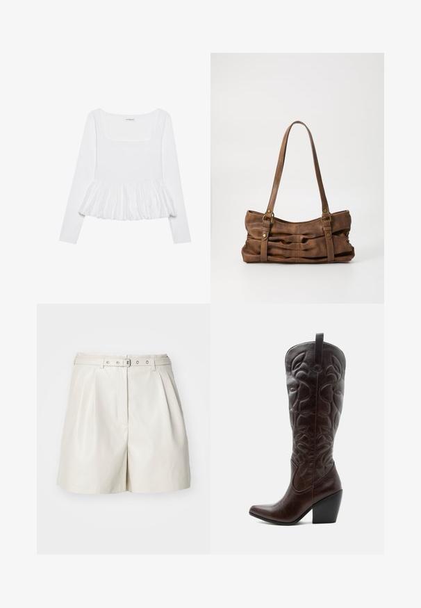 Haut blanc à manches longues avec un décolleté carré, doté d'un ourlet peplum froncé en tissu texturé. Étiquettes visibles au niveau du cou.; ONLY Synthetic leather ONLHEIDI Mid waist Regular Fit - Short - pumice stone; Botte de cowboy haute en cuir marron foncé avec motifs décoratifs cousus, bout pointu et talon bloc empilé.; Even&Odd by Zalando Sac à main - brown
