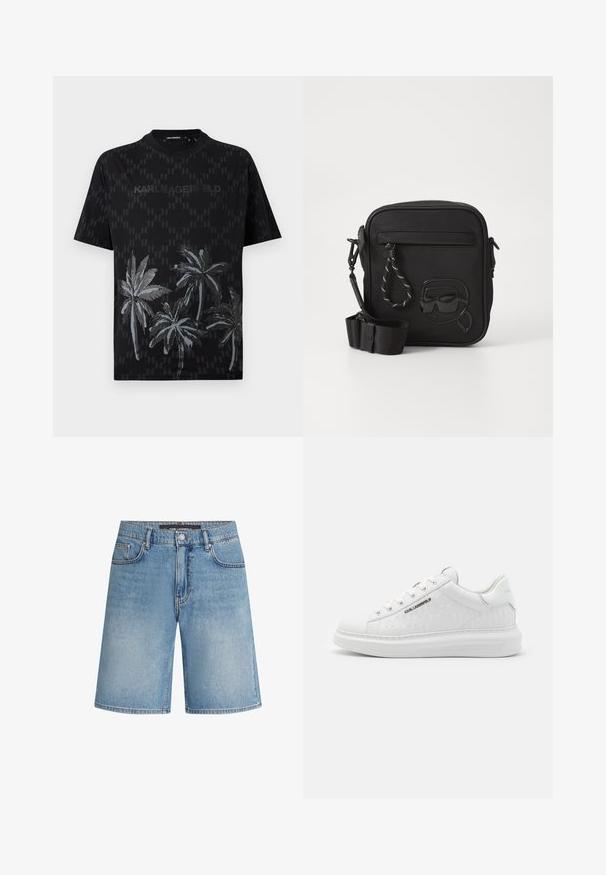 Camiseta negra de manga corta con un patrón sutil de logotipos por todo el tejido, gráfico de palmera en la parte inferior y texto "KARL LAGERFELD" en el pecho.; Shorts de mezclilla en azul claro, con un corte clásico, cinco bolsillos y costuras en contraste. Terminado con una cinturilla estándar y cierre de botón.; Zapatilla blanca hecha de cuero suave con un patrón en relieve. Presenta punta redonda, cordones en la parte frontal y suela texturizada. Detalle del logo en plata en el lateral.; Bolso bandolera negro hecho de material texturizado, con un bolsillo frontal y un diseño grabado de una cara con gafas de sol. Incluye correa ajustable.